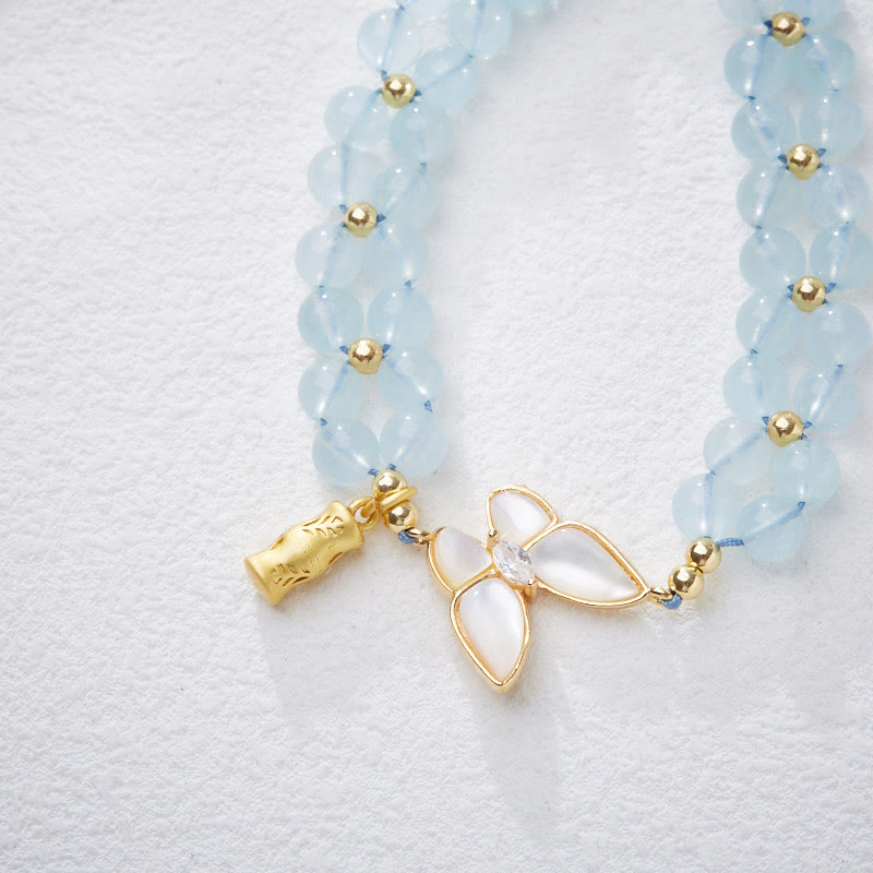 Buddha Stones Natural Aquamarine Amethyst Moonstone Butterfly Bamboo Healing Bracelet Bracelet BS 6