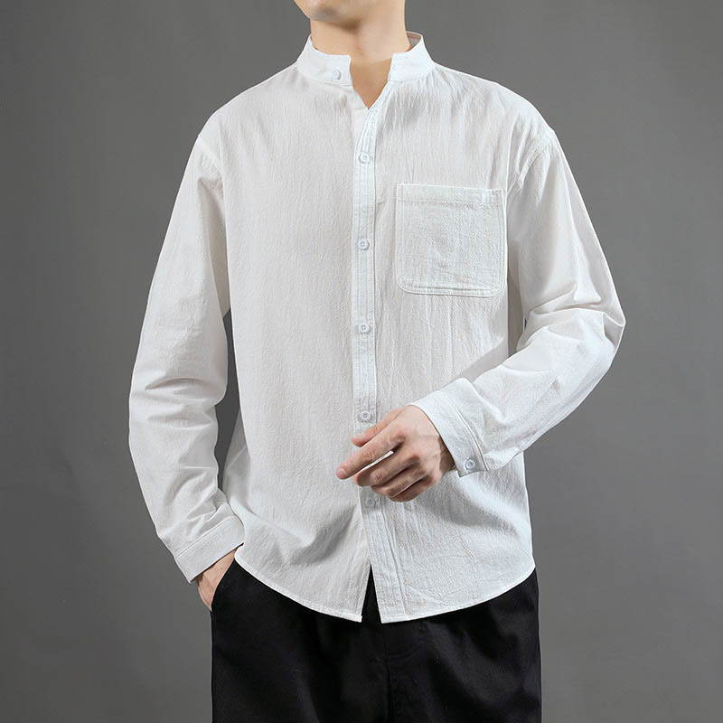 Buddha Stones Men's Long Sleeve Shirt With Pocket Stand Collar Comfort Shirt - White - US/UK/AU46,EU56 (5XL) - image 9