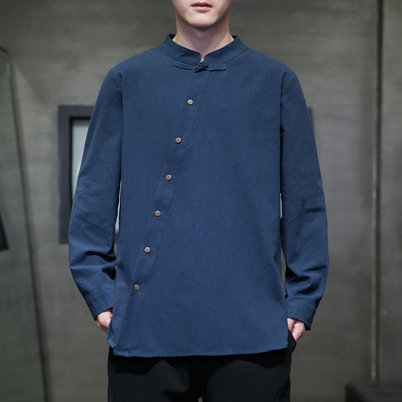 Buddha Stones Men's Long Sleeve Shirt Stand Collar Comfort Cotton Linen Shirt - DarkBlue - US/UK/AU46,EU56 (5XL) - image 6