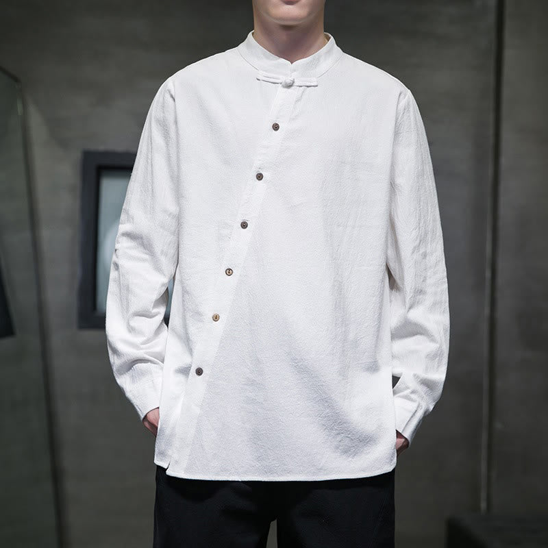 Buddha Stones Men's Long Sleeve Shirt Stand Collar Comfort Cotton Linen Shirt - White - US/UK/AU46,EU56 (5XL) - image 0