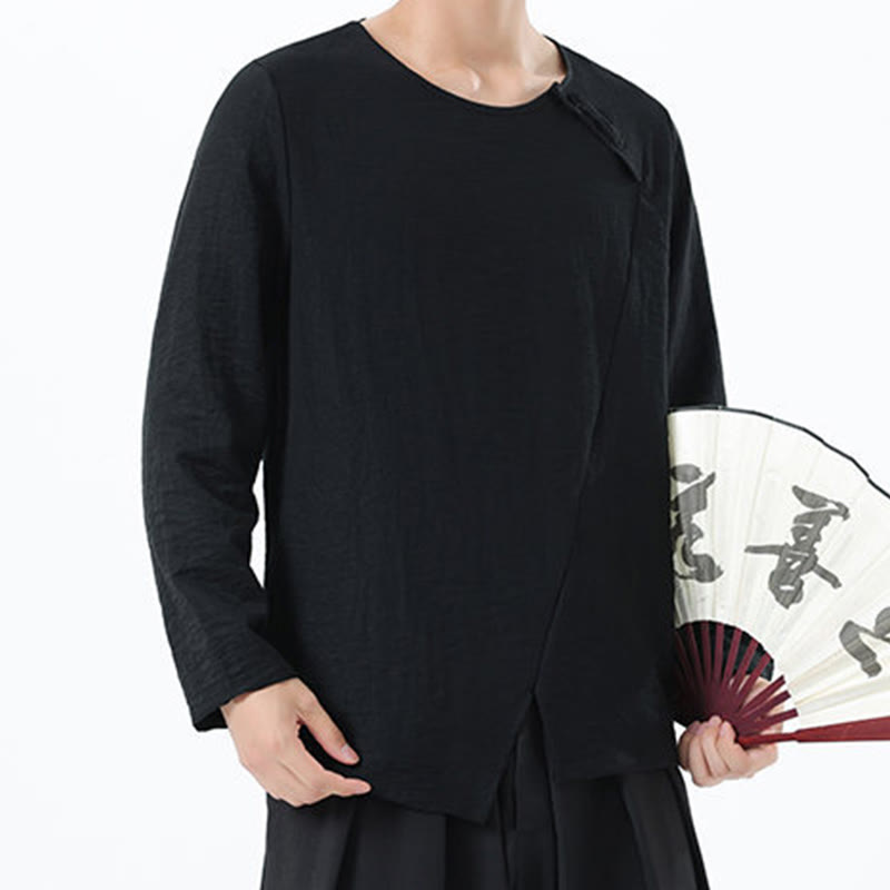 Buddha Stones Men's Long Sleeve Round Collar Comfort Cotton Linen Shirt - image 33