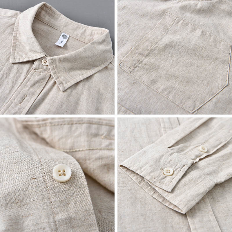 Foviel Men's Long Sleeve Turn-down Collar With Pocket Pure Color Comfortable Cotton Linen Shirt