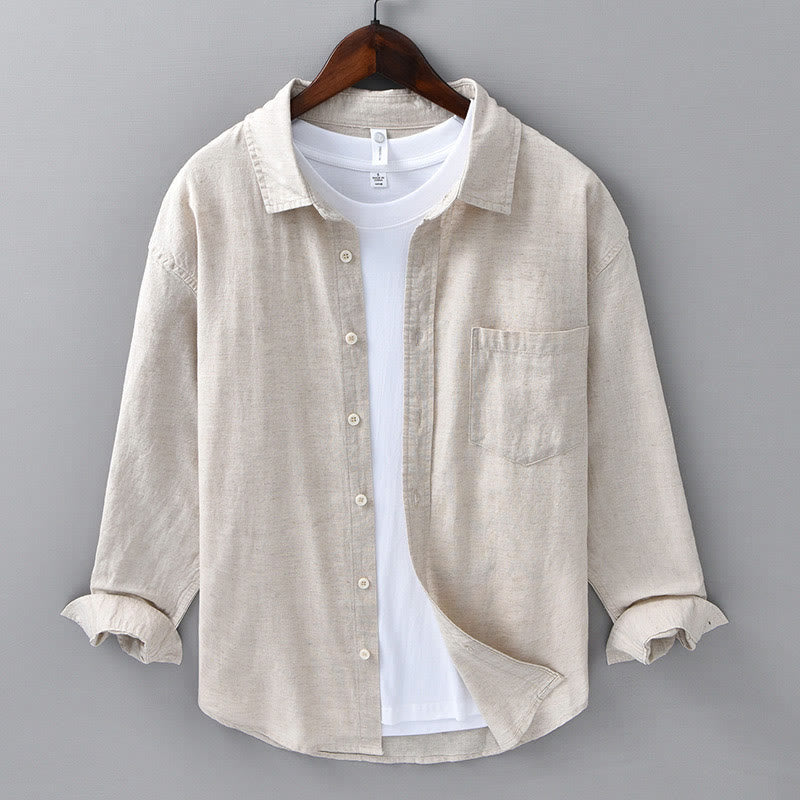 Foviel Men's Long Sleeve Turn-down Collar With Pocket Pure Color Comfortable Cotton Linen Shirt