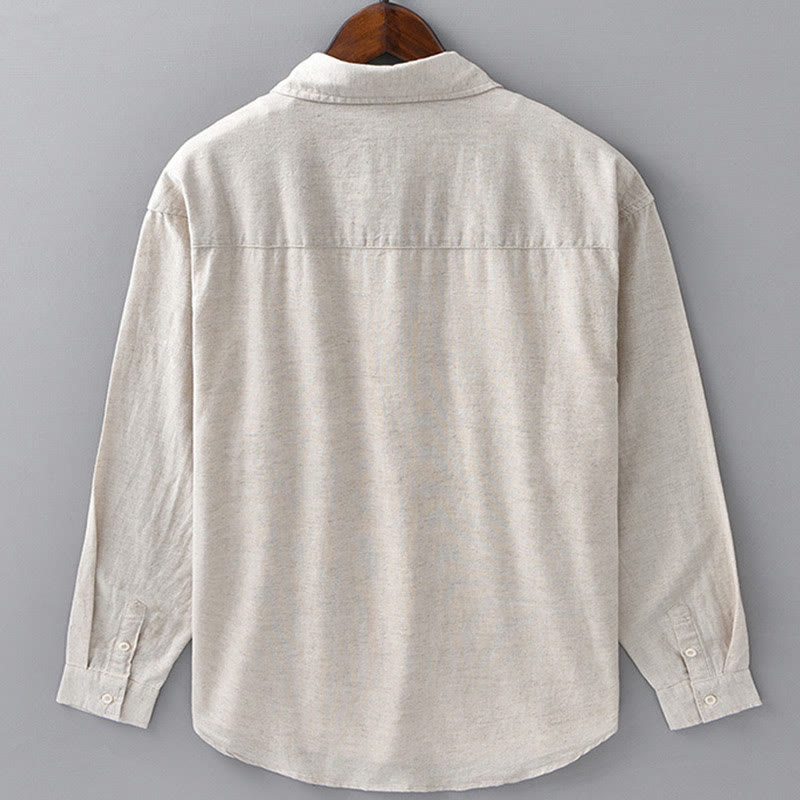 Foviel Men's Long Sleeve Turn-down Collar With Pocket Pure Color Comfortable Cotton Linen Shirt