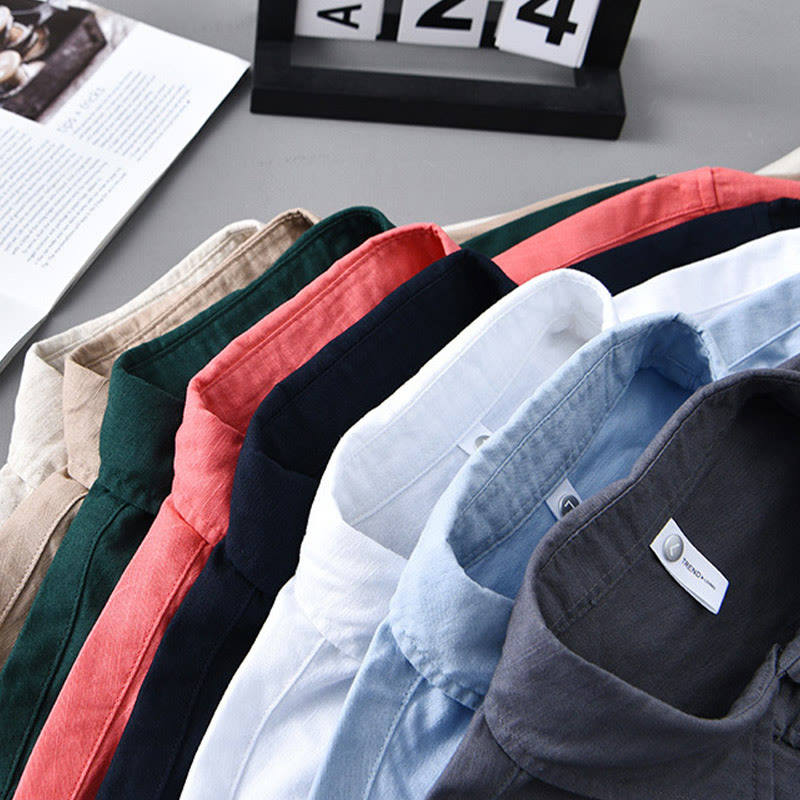 Foviel Men's Long Sleeve Turn-down Collar With Pocket Pure Color Comfortable Cotton Linen Shirt