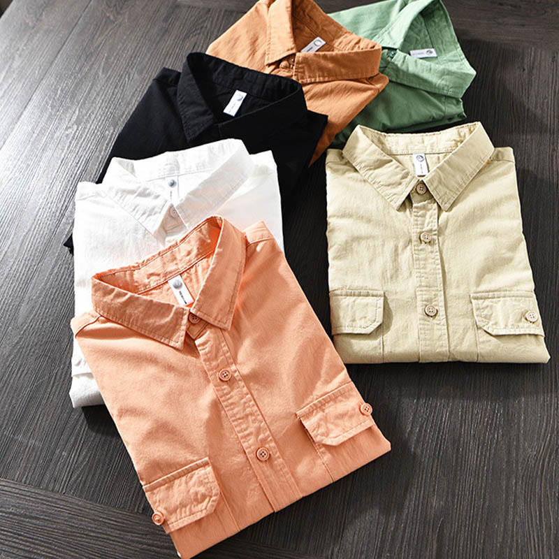 Foviel Men's Long Sleeve Turn-down Collar With Pocket Pure Color Casual Cotton Shirt