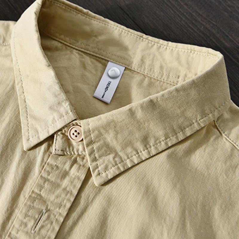 Foviel Men's Long Sleeve Turn-down Collar With Pocket Pure Color Casual Cotton Shirt