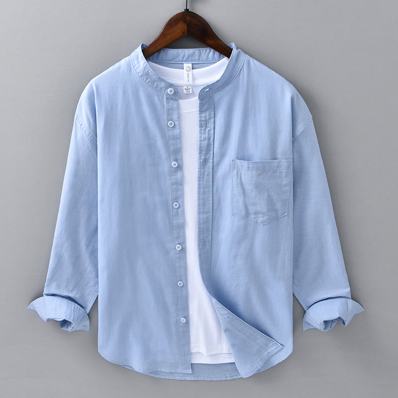 Buddha Stones Men's Long Sleeve Stand Collar With Pocket Pure Color Casual Cotton Linen Shirt - LightSkyBlue - US/UK/AU40,EU50 (3XL) - image 9