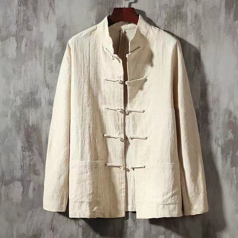 Buddha Stones Men's Tang Long Sleeve Shirt Frog Button With Pocket Stand Collar Comfort Shirt - Cornsilk - US/UK/AU44,EU54 (5XL) - image 9