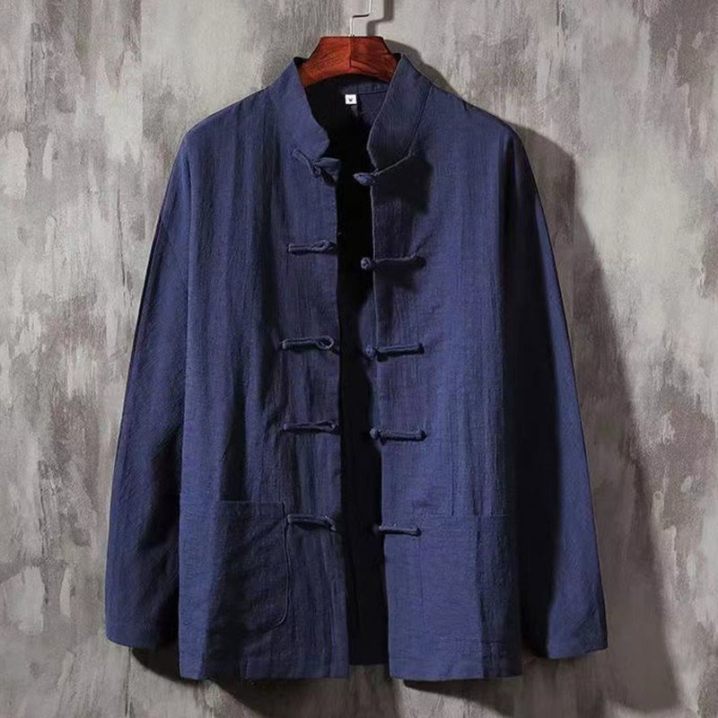Buddha Stones Men's Tang Long Sleeve Shirt Frog Button With Pocket Stand Collar Comfort Shirt - MidnightBlue - US/UK/AU44,EU54 (5XL) - image 7