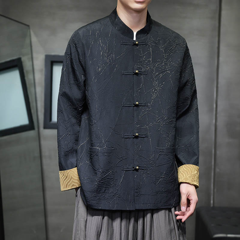 Buddha Stones Tang Suit Casual Frog-button Long Sleeve Nylon Men's Jacket Shirt Clothing - Black - US/UK/AU46,EU56 (5XL) - image 0
