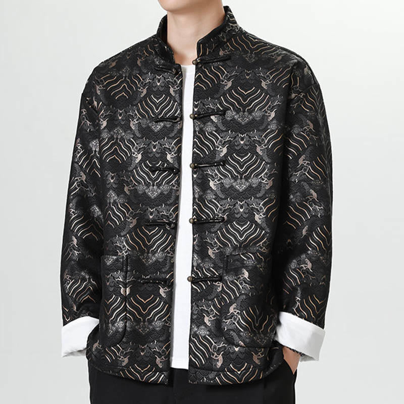 Buddha Stones Frog-Button Chinese Tang Suit Wave Shape Long Shirt Men Jacket Clothing - image 4