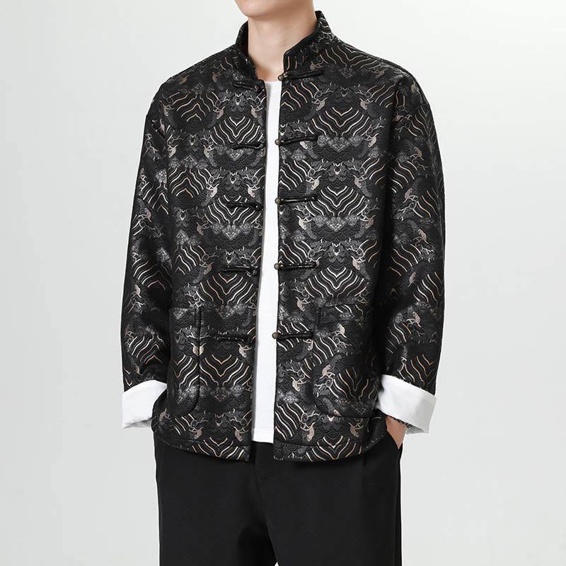 Buddha Stones Frog-Button Chinese Tang Suit Wave Shape Long Shirt Men Jacket Clothing - Black - US/UK/AU46,EU56 (5XL) - image 0