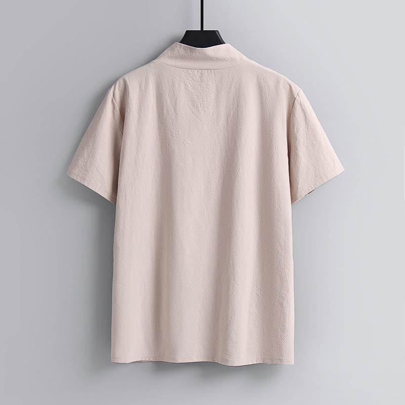 Buddha Stones Loose Men's T-Shirt Solid Color Top Short Sleeve V Collar Breathable Linen Shirt - image 6