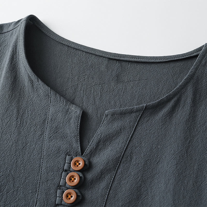 Foviel Men's T-Shirt Solid Color Top Short Sleeve Three-button V Collar Soft Shirt