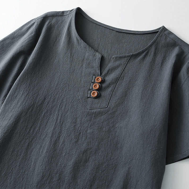 Foviel Men's T-Shirt Solid Color Top Short Sleeve Three-button V Collar Soft Shirt
