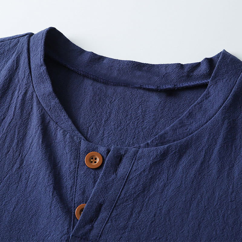 Buddha Stones Loose Men's T-shirt Solid Color Top Short Sleeve Button Notched Neck Soft Shirt - image 5
