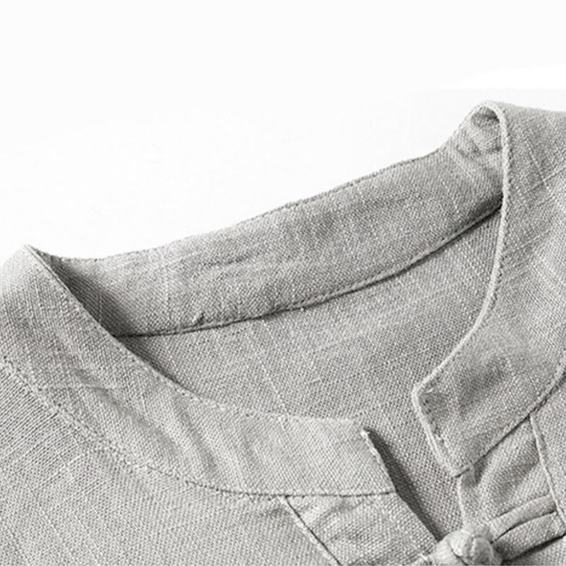 Buddha Stones Loose Men's Shirt Solid Color Notched Neck Top Short Sleeve Comfy Button Breathable Cotton Linen Shirt - image 6