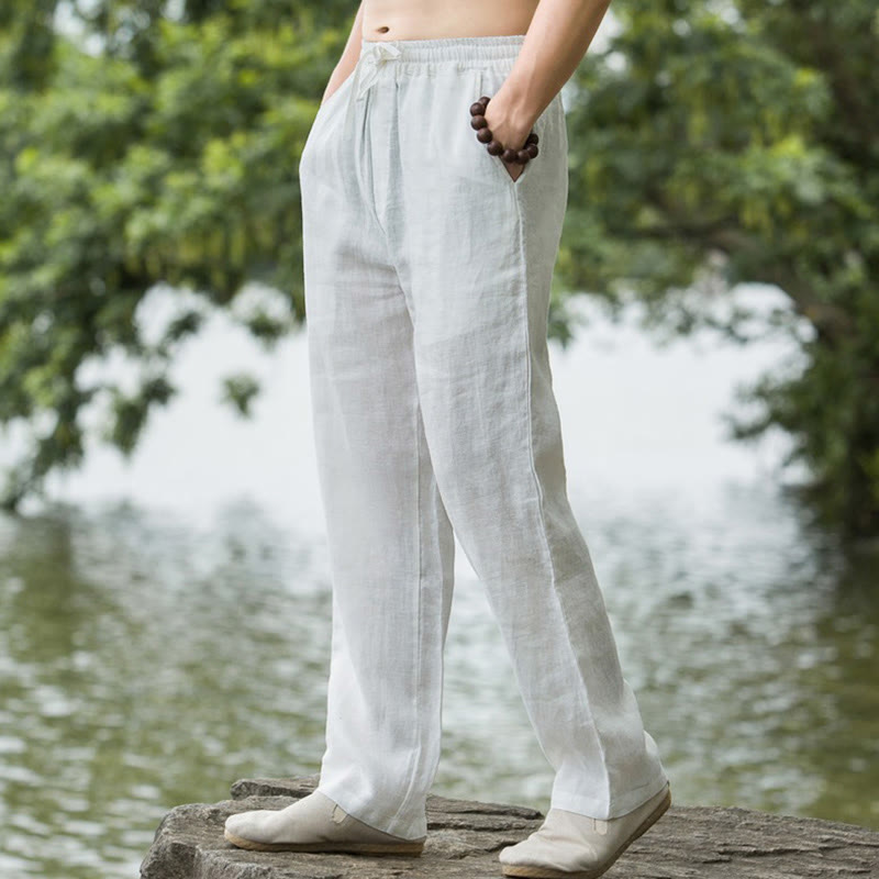 Foviel Solid Color Cotton Linen Men's Wide Leg Pants With Pockets