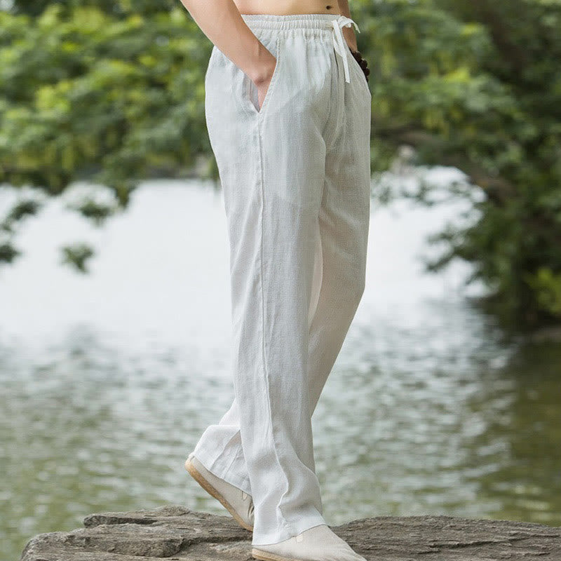 Foviel Solid Color Cotton Linen Men's Wide Leg Pants With Pockets