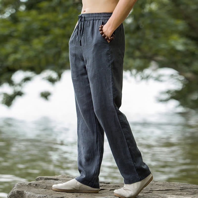 Foviel Solid Color Cotton Linen Men's Wide Leg Pants With Pockets