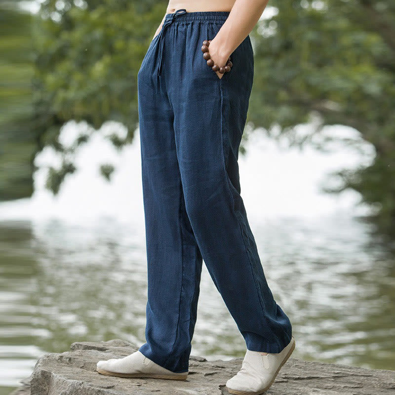 Foviel Solid Color Cotton Linen Men's Wide Leg Pants With Pockets