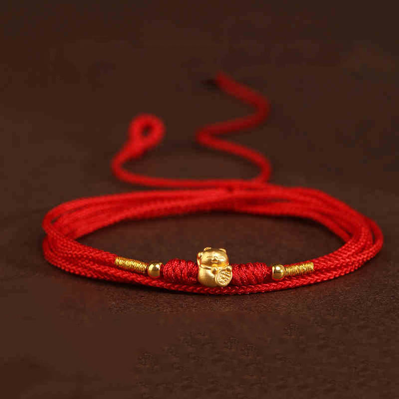 Buddha Stone 999 Solid Gold Red String Belly Chain - Cat Luck Beads Shape - image 15