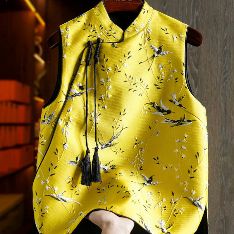 Buddha Stones Vintage Embroidery Crane Plants Pattern Knot Button Vest - Yellow - US12,UK/AU16,EU44 (3XL) - image 0