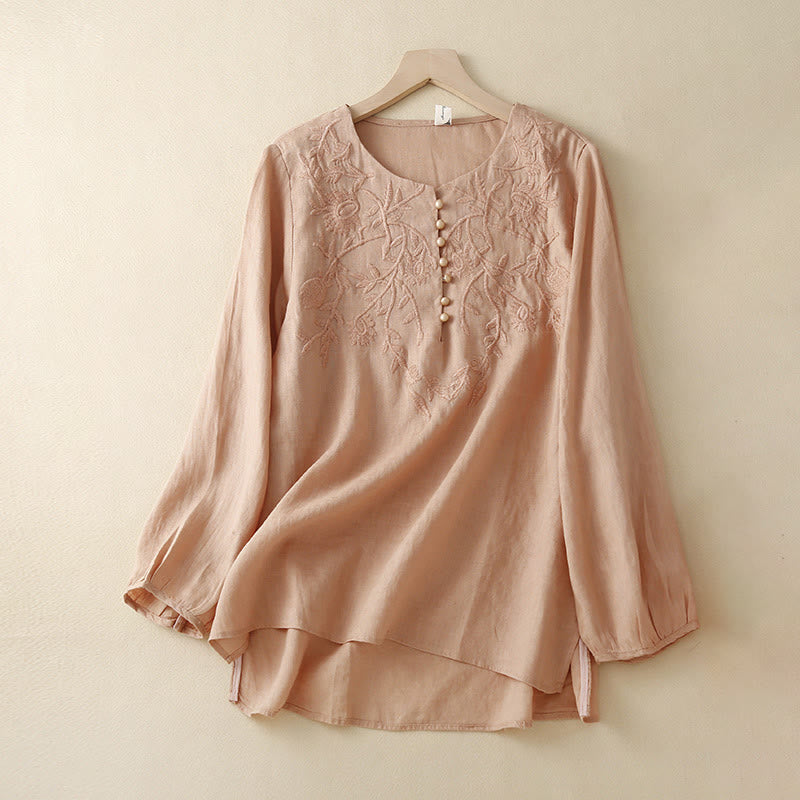 Buddha Stones Casual Embroidery Flower Round Neck Long Sleeve Cotton Linen Top Women's Shirts - LightSalmon - US/UK/AU40,EU50 (2XL) - image 0