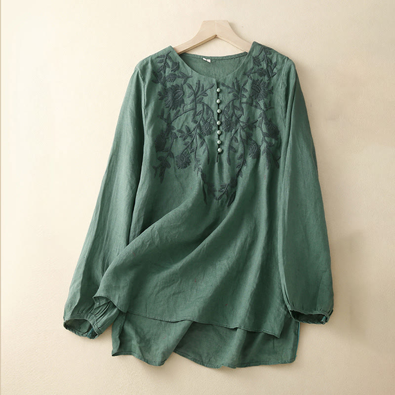 Buddha Stones Casual Embroidery Flower Round Neck Long Sleeve Cotton Linen Top Women's Shirts - Teal - US/UK/AU40,EU50 (2XL) - image 24