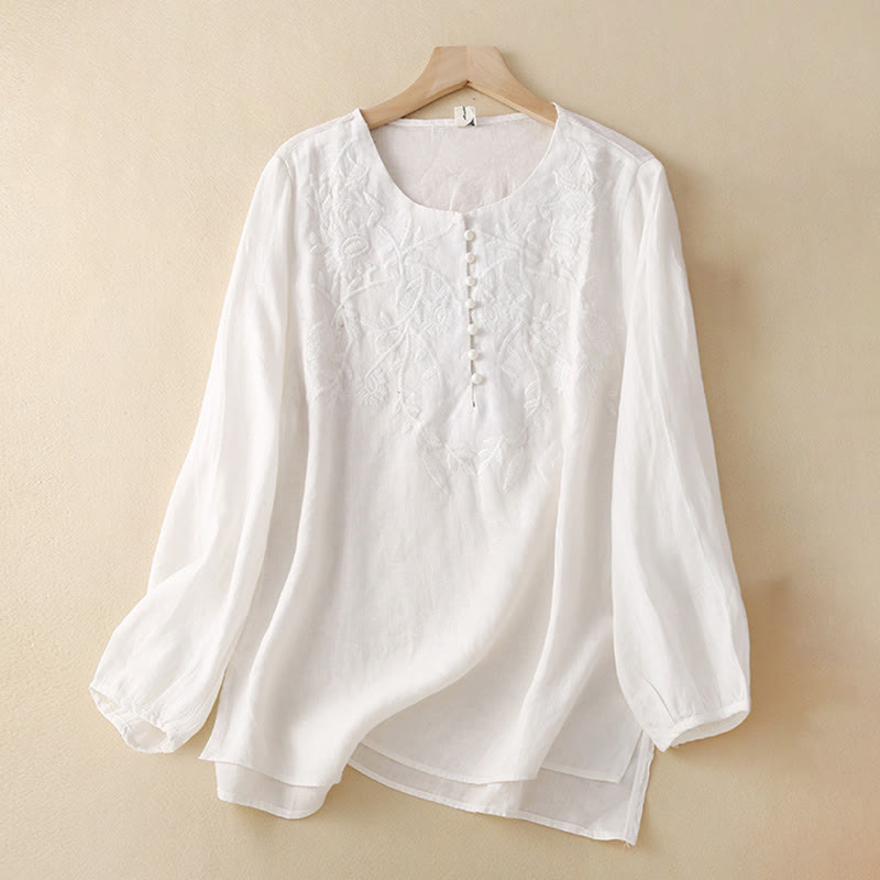 Buddha Stones Casual Embroidery Flower Round Neck Long Sleeve Cotton Linen Top Women's Shirts - White - US/UK/AU40,EU50 (2XL) - image 18