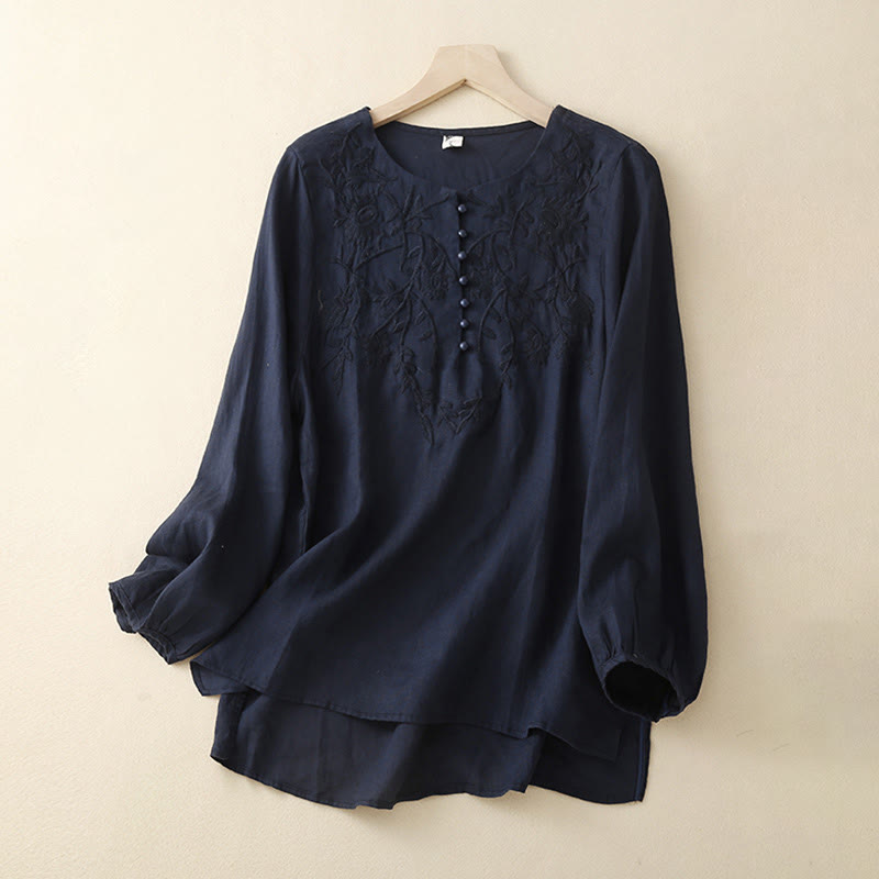 Buddha Stones Casual Embroidery Flower Round Neck Long Sleeve Cotton Linen Top Women's Shirts - MidnightBlue - US/UK/AU40,EU50 (2XL) - image 11