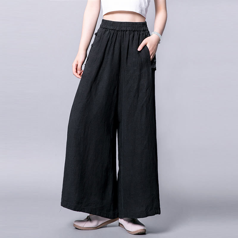Buddha Stones Casual Frog-Button High Waist Wide Leg Pants With Pockets - Black - US12,UK/AU16,EU44 (3XL) - image 8