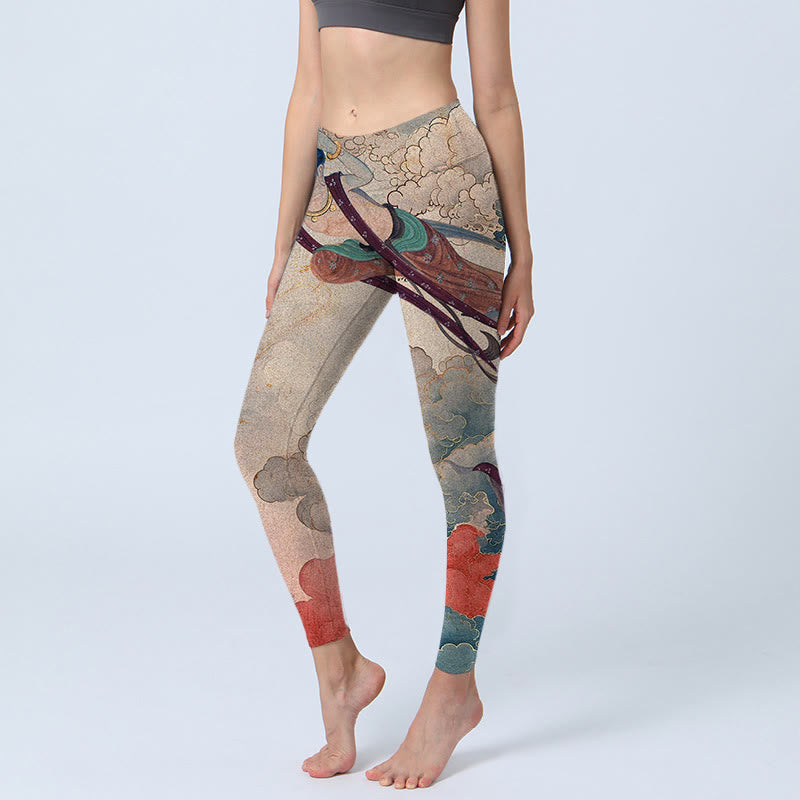 Buddha Stones Dunhuang Flying Apsaras Auspicious Clouds Print Fitness Leggings Women's Yoga Pants - Tan - US18,UK/AU22,EU50 (4XL) - image 0