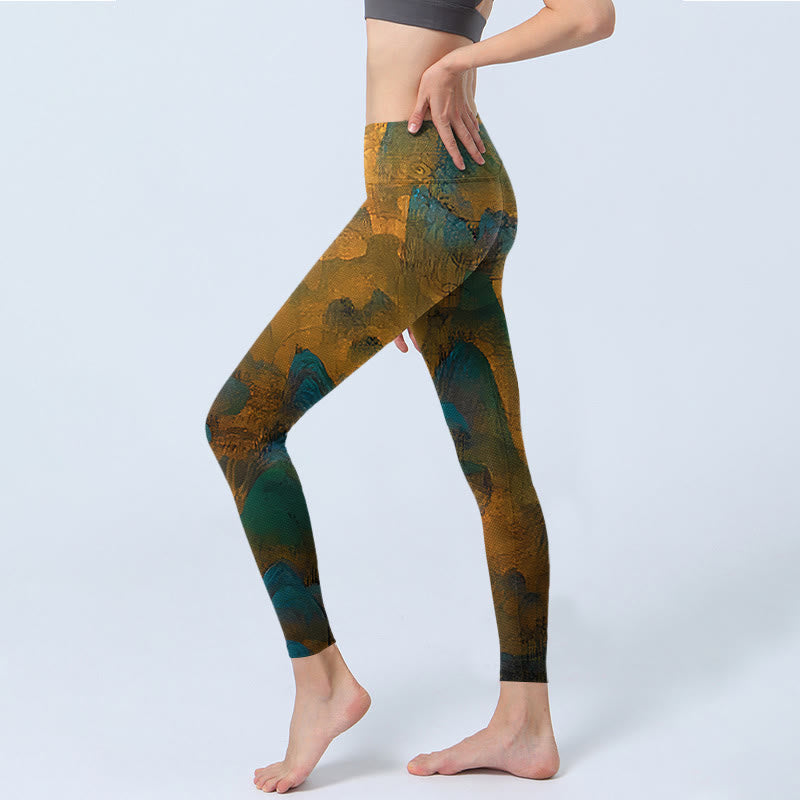Buddha Stones Dark Goldenrod Mountain Print Fitness Leggings Women's Yoga Pants - image 3