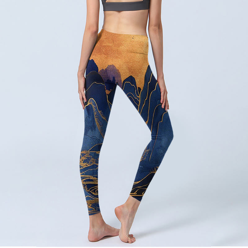 Buddha Stones Dark Blue Mountain Sunset Print Fitness Leggings Women's Yoga Pants - image 4