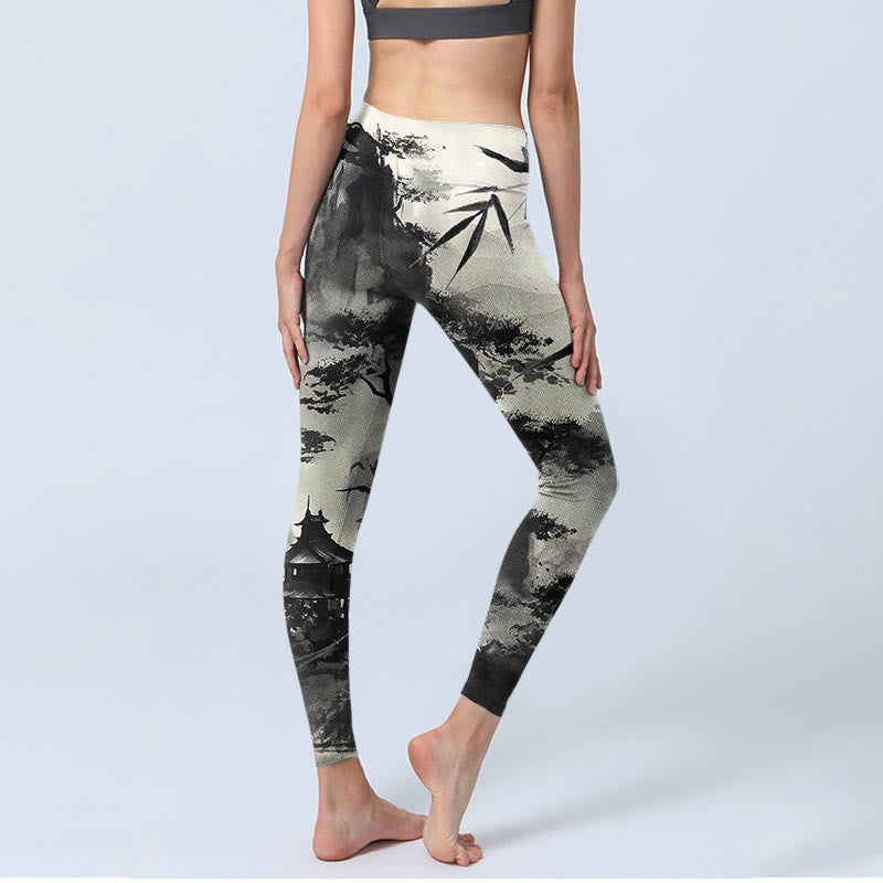 Buddha Stones Ink Bamboo Pine Mountains Print Gym Leggings Women's Yoga Pants - image 5