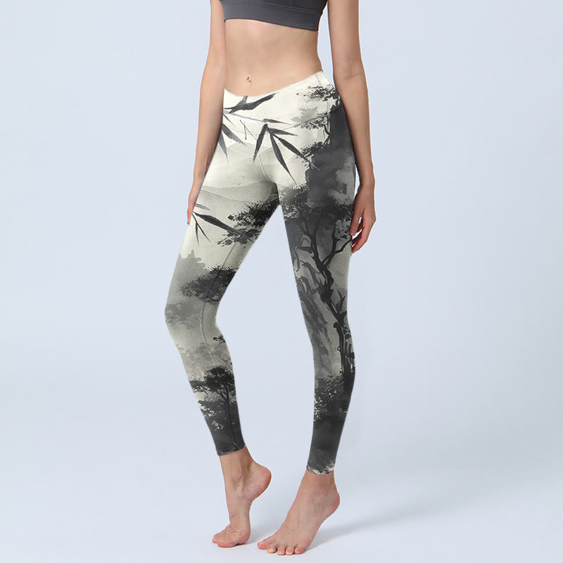 Buddha Stones Ink Bamboo Pine Mountains Print Gym Leggings Women's Yoga Pants - LightGrey - US18,UK/AU22,EU50 (4XL) - image 1