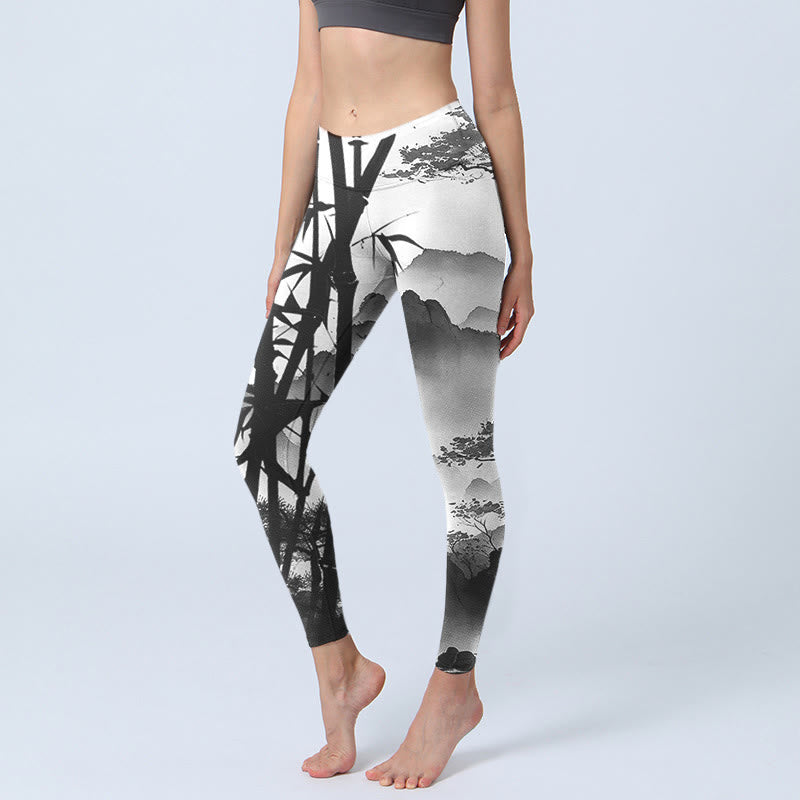 Buddha Stones Ink Painting Bamboo Pine Mountain Scenery Print Gym Leggings Women's Yoga Pants - DarkGray - US18,UK/AU22,EU50 (4XL) - image 1