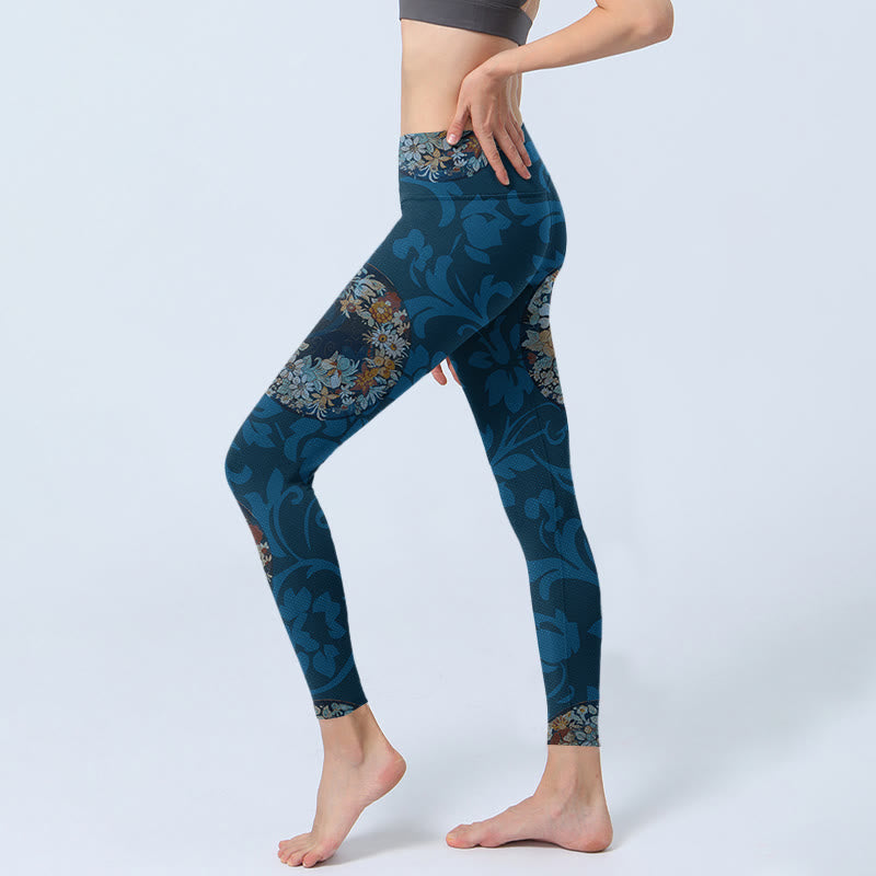 Buddha Stones Dark Blue Flowers In Bloom Print Sports Leggings Women's Yoga Pants - image 3