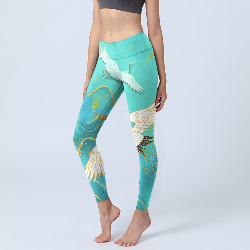 Buddha Stones Mint Green Mountain Crane Print Fitness Leggings Women's Yoga Pants - MediumTurquoise - US18,UK/AU22,EU50 (4XL) - image 1