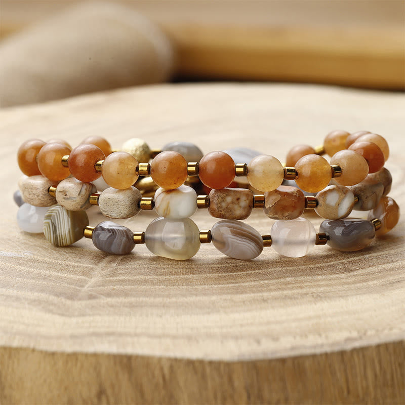 Buddha Stones Botswana Agate Red Agate Emperor Stone Creativity Triple Wrap Bracelet Bracelet BS Botswana Agate Red Agate Emperor Stone(Wrist Circumference: 14-16cm)