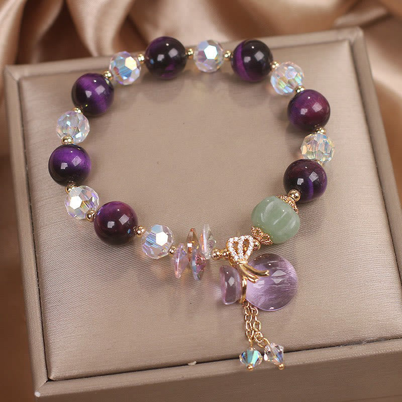 Bracelet de courage Foviel en œil de tigre violet, cristal blanc, améthyste et jade