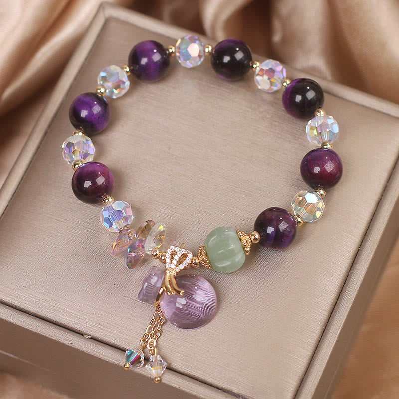 Bracelet de courage Foviel en œil de tigre violet, cristal blanc, améthyste et jade