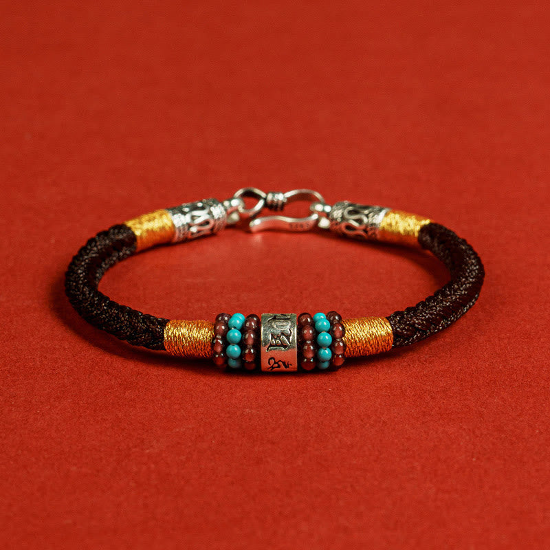 Buddha Stones Red String Black String Six True Words 925 Sterling Silver Connection Bracelet Bracelet BS Black 19cm