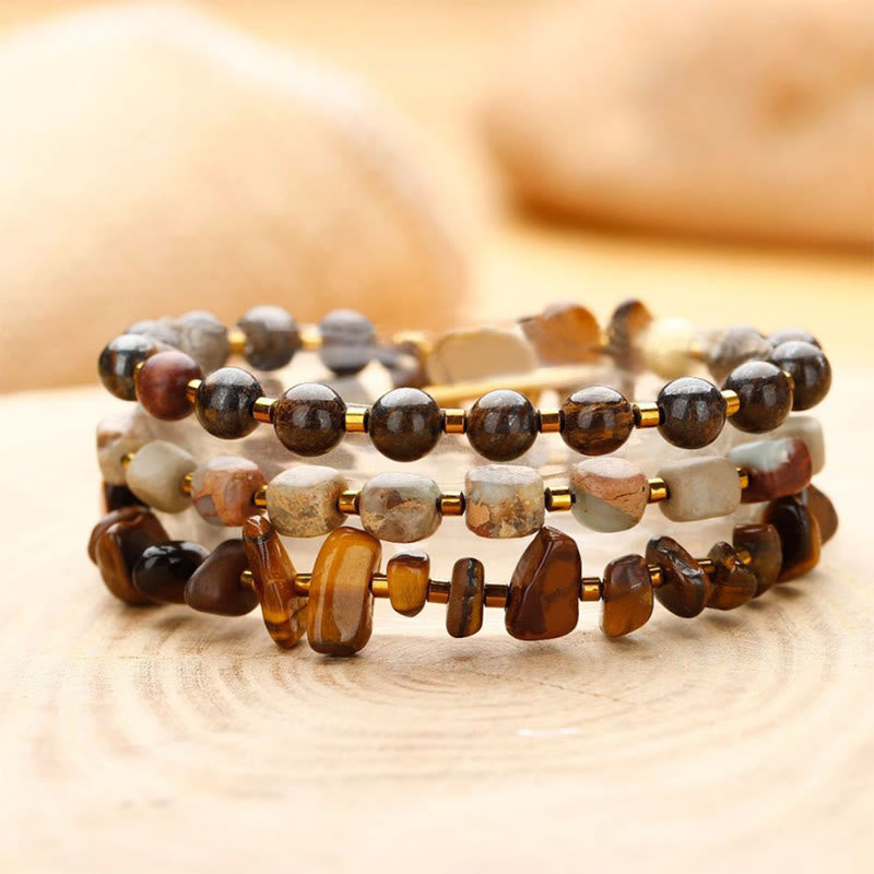 Buddha Stones Bronzite Emperor Stone Tiger Eye Determination Triple Wrap Bracelet Bracelet BS Bronzite Emperor Stone Tiger Eye(Wrist Circumference: 14-16cm)