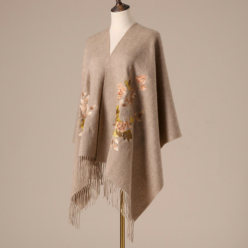 Buddha Stones Wool Shawl Weiyang Flower Embroidery Tassel Winter Cozy Travel Scarf Wrap - Tan - 200*60cm - image 0