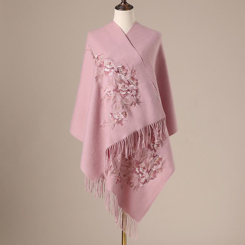 Buddha Stones Wool Shawl Flowers Leaves Embroidery Tassel Winter Cozy Travel Scarf Wrap - LightPink - 200*60cm - image 8
