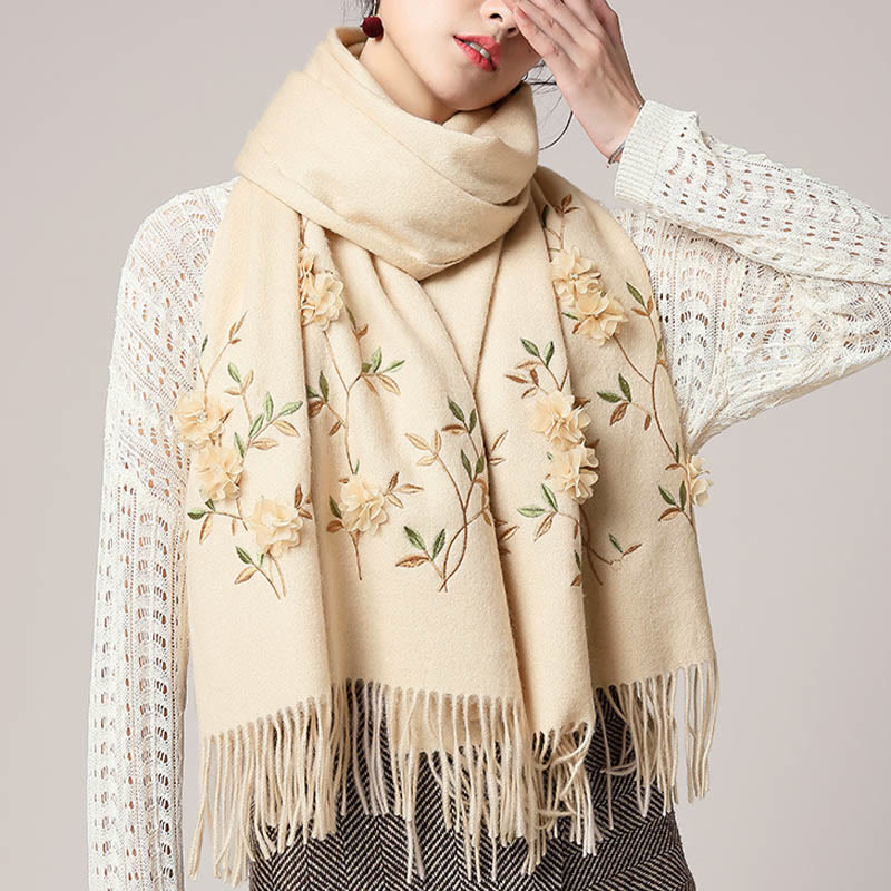 Buddha Stones Wool Shawl 3D Floral Embroidery Tassel Winter Cozy Travel Scarf Wrap - image 17