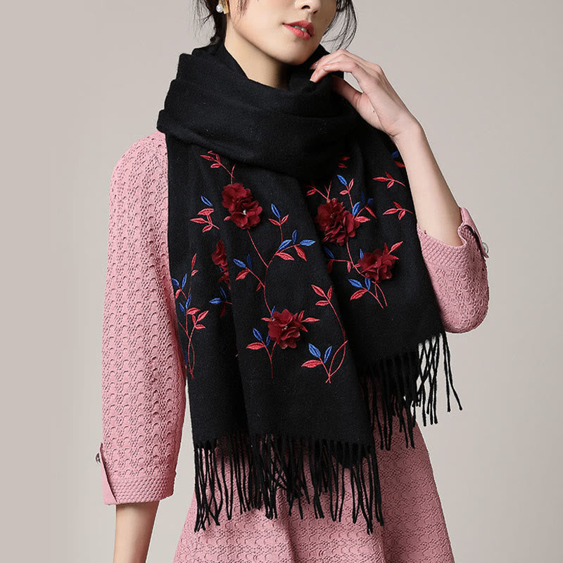 Buddha Stones Wool Shawl 3D Floral Embroidery Tassel Winter Cozy Travel Scarf Wrap - image 1